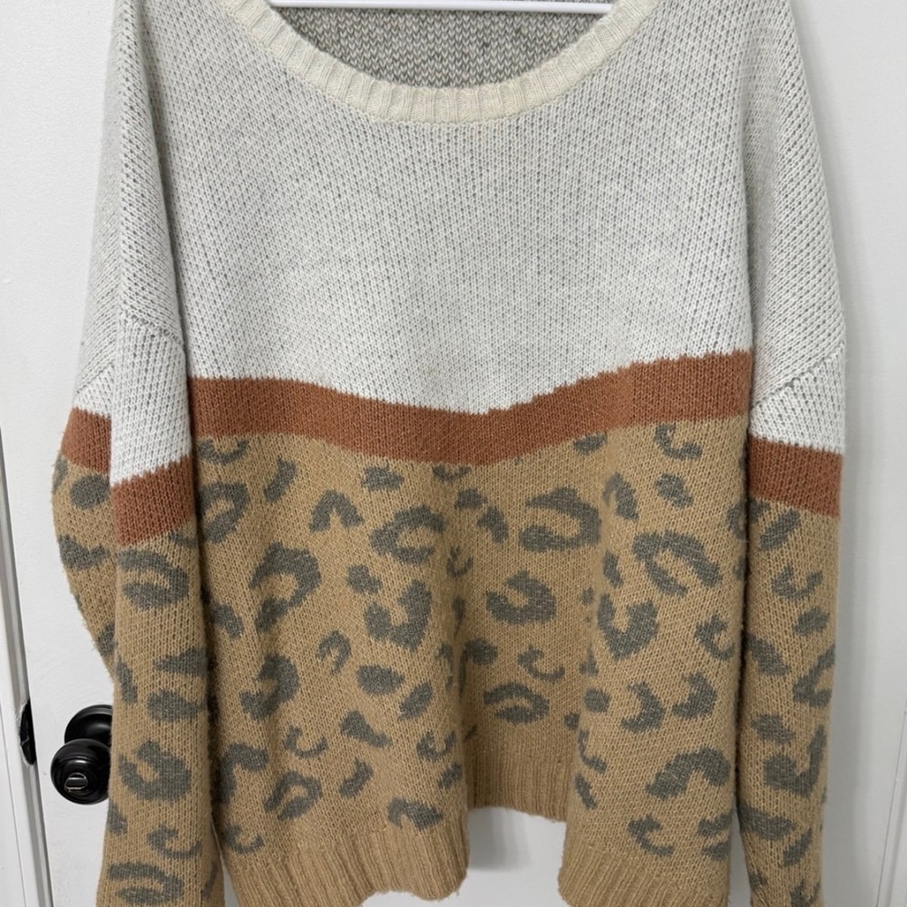 Pink Lily Cream and Tan Crew Neck Sweater with Animal Print